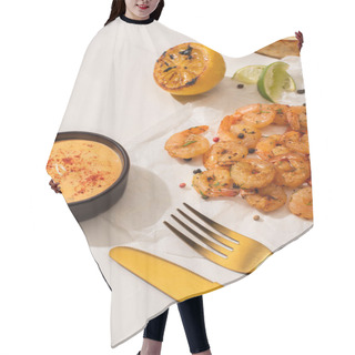 Personality  Fried Shrimps On Parchment Paper With Sauce And Lime Near Golden Cutlery On White Background Hair Cutting Cape