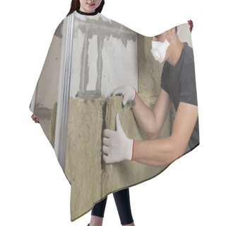 Personality  Worker In Protective Respirator Mask Insulating Rock Wool Insulation In Wooden Frame For Future House Walls For Cold Barrier. Comfortable Warm Home, Economy, Construction And Renovation Concept Hair Cutting Cape