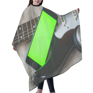 Personality  Smartphone With Green Screen On An Electric Guitars Guitar Hair Cutting Cape