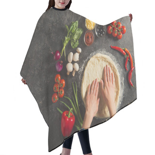 Personality  Cropped Shot Of Woman Cooking Italian Pizza With Fresh Ingredients On Dark Tabletop Hair Cutting Cape