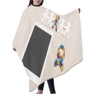 Personality  High Angle View Of Awareness Ribbon, Digital Tablet And Special Kid With Autism Among Another On White Hair Cutting Cape