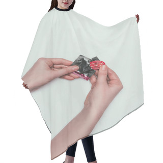 Personality  Partial View Of Woman Opening Condom Isolated On Grey Hair Cutting Cape