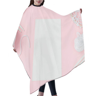 Personality  Flat Lay With White Yarn, Knitting Needles And Blank Paper On Pink Background Hair Cutting Cape