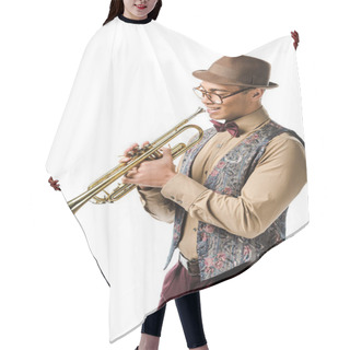 Personality  Happy Young Mixed Race Male Jazzman Posing With Trumpet Isolated On White Hair Cutting Cape