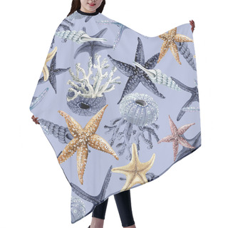 Personality  Pattern With An Ornament From Drawings In A Nautical Style On A Blue Background, Hand-painted Sea Vows Molluscs And Corals Close-up Hair Cutting Cape