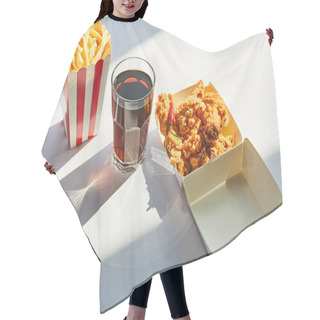 Personality  Tasty Deep Fried Chicken, French Fries And Soda In Glass On White Table In Sunlight Hair Cutting Cape