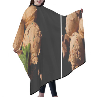 Personality  Collage Of Fresh Delicious Chocolate Ice Cream With Mint Leaves Isolated On Black Hair Cutting Cape