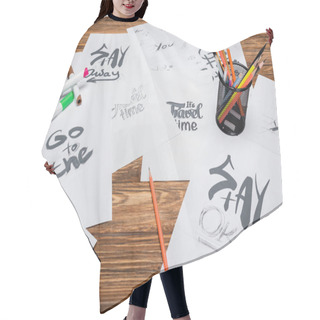 Personality  Papers With Different Words And Phrases, Felt Pens And Color Pencils On Wooden Desk Hair Cutting Cape