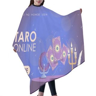 Personality  Taro Online Vector Flat Landing Page Template. Table With Candles, Magic Ball, And Witchcraft Taro Cards With Sun Sign. Hair Cutting Cape