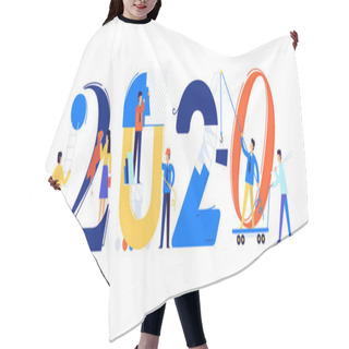 Personality  Office Staff Are Preparing To Meet The New Year 2020. Vector Illustration. Cartoon Characters Repair The Numbers. Image Is Isolated On White Background. Flat Illustration For Banner And Site. Hair Cutting Cape
