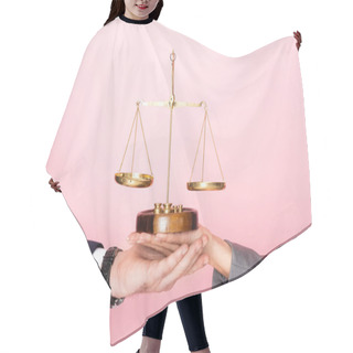 Personality  Cropped View Of Businessman And Businesswoman Holding Golden Scales Isolated On Pink, Gender Equality Concept  Hair Cutting Cape
