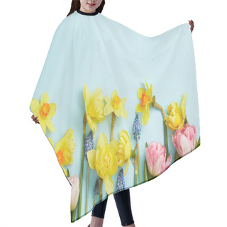 Personality  Top View Of Pink Tulips, Yellow Daffodils And Blue Hyacinths On Blue Background  Hair Cutting Cape