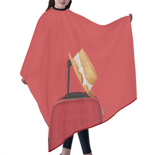 Personality  Red Colorful Textured Travel Bag With Straw Hat Isolated On Red  Hair Cutting Cape