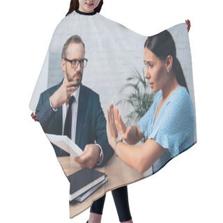 Personality  Selective Focus Of Upset Client Showing Stop Sign Near Bearded Lawyer In Glasses Holding Document  Hair Cutting Cape
