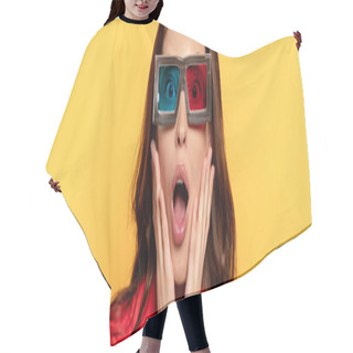 Personality  Website Header Of Surprised Woman In 3d Glasses Isolated On Yellow  Hair Cutting Cape