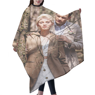 Personality  Stylish Man Gently Embracing Blonde Bride In Forest Hair Cutting Cape