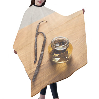 Personality  Top View Of Essential Oil With Vanilla Pods On Wooden Surface Hair Cutting Cape