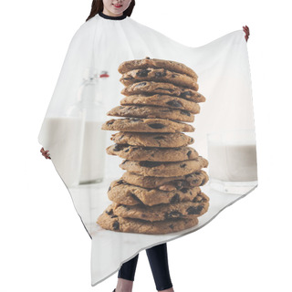 Personality  Selective Focus Of Chocolate Cookies Near Bottle And Glasses With Milk On Marble Table Hair Cutting Cape