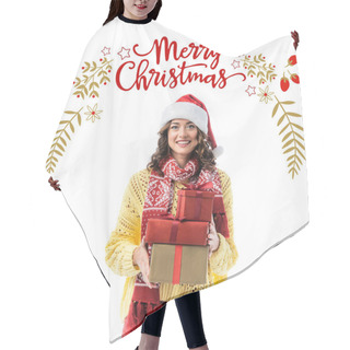Personality  Joyful Young Woman In Santa Hat And Scarf Holding Gifts Near Merry Christmas Lettering And Illustration On White Hair Cutting Cape