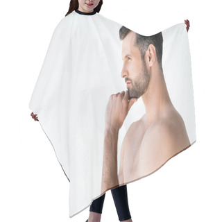 Personality  Side View Of Shirtless Man Thinking And Touching Face Isolated On White  Hair Cutting Cape