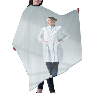 Personality  Serious Female Doctor In White Coat Looking Away On Grey Hair Cutting Cape