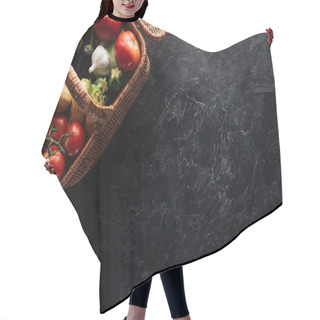 Personality  Flat Lay With Various Fresh Vegetables In Basket On Black Marble Tabletop Hair Cutting Cape