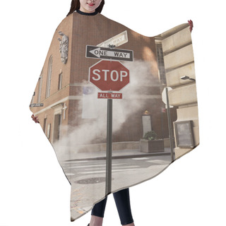 Personality  Road Signs Near Steam And Vintage Buildings In Downtown Of New York City, Metropolis Environment Hair Cutting Cape