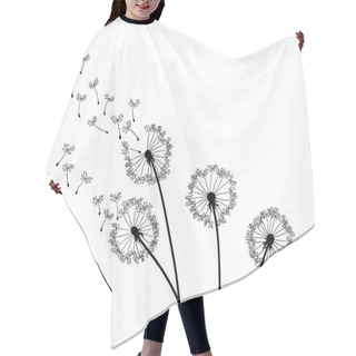 Personality  Dandelion Wind Blow Background. Black Silhouette With Flying Dandelion Buds On A White. Abstract Flying Seeds. Decorative Graphics For Printing Hair Cutting Cape