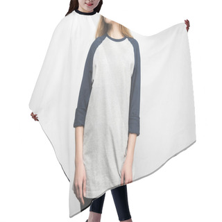 Personality  Cropped Shot Of Woman In Stylish Long Sleeve On White Hair Cutting Cape