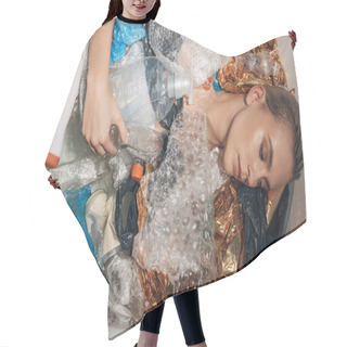 Personality  Top View Of Young Woman Posing In Bathtub With Plastic Waste, Eco Concept Hair Cutting Cape