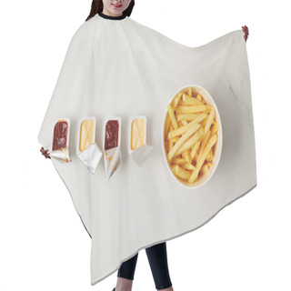 Personality  Top View Of French Fries In Bowl With Containers Of Sauces In Row On White Hair Cutting Cape