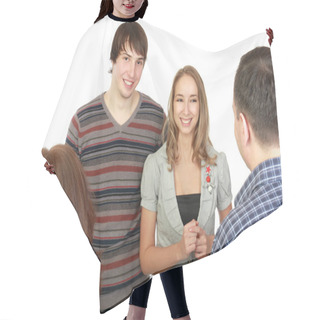 Personality  Meeting Of Young Pair With Parents. Hair Cutting Cape