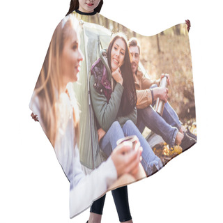 Personality  Young Friends Travelers In Forest Hair Cutting Cape