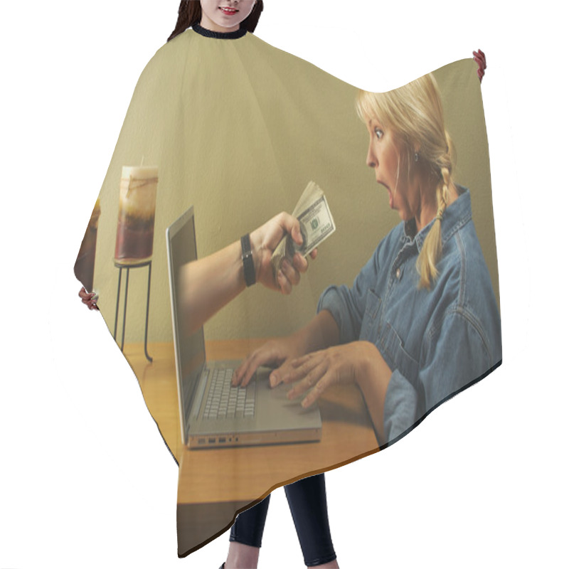 Personality  Money Through Laptop Screen And Woman Hair Cutting Cape