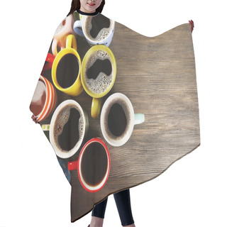 Personality  Many Cups Of Coffee On Wooden Background Hair Cutting Cape