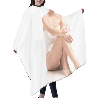 Personality  Cropped View Of Barefoot Young Woman In Bodysuit Sitting On White Hair Cutting Cape