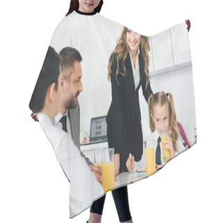 Personality  Family Having Breakfast In Kitchen At Home On First School Day Hair Cutting Cape