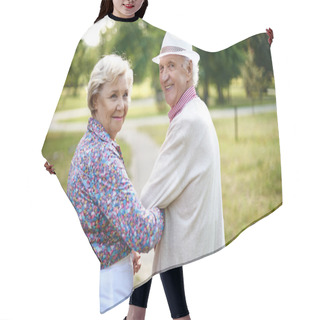Personality  Happy Senior Couple In Park Hair Cutting Cape