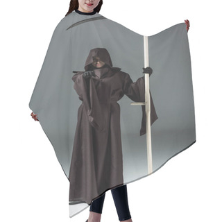 Personality  Full Length View Of Woman In Death Costume Holding Scythe And Pointing With Finger On Grey Hair Cutting Cape