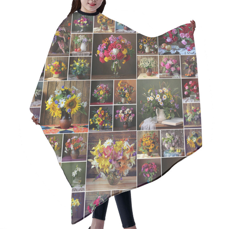 Personality  Collage from still lifes with bouquets hair cutting cape