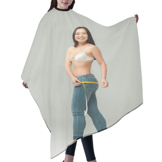 Personality  Happy And Overweight Asian Girl In Bra Measuring Hips On Grey  Hair Cutting Cape