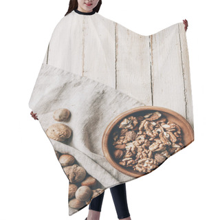 Personality  Top View Of Hazelnuts And Walnuts On Cloth And Plate On Wooden Table Hair Cutting Cape
