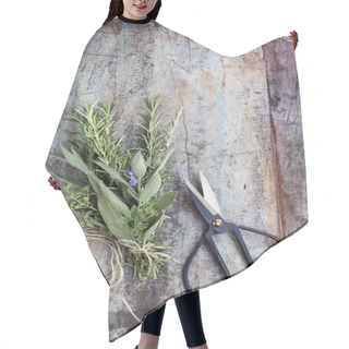 Personality  Bouquet Garni Herbs With String And Scissors On Grunge Timber Ba Hair Cutting Cape