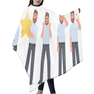 Personality  Set Of Character Man. A Businessman With A Feeling Of Envy, With A Star And Evaluates The Work, An Angry Guy, Tired, Shows A Business Card. Vector Illustration In Cartoon Style Hair Cutting Cape