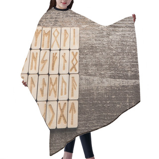 Personality  Top View Of Runes With Signs On Wooden Background With Copy Space Hair Cutting Cape