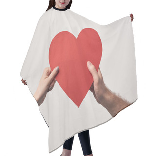 Personality  Partial View Of Couple Holding Together Blank Heart Card Isolated On Grey Hair Cutting Cape