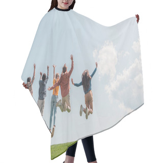 Personality  Back View Of Multicultural Kids Jumping And Gesturing Against Blue Sky  Hair Cutting Cape