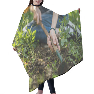 Personality  Girl Digging In Garden. Girl Planting Flowers. Gardening Concept. Close Up Shot Hair Cutting Cape