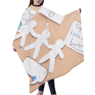 Personality  Cork Office Board With Pinned Paper Artwork Humans, Empty Message Card Hair Cutting Cape