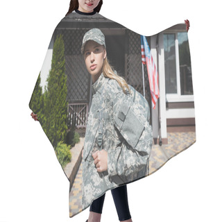 Personality  Confident Military Servicewoman With Backpack Looking Away, While Standing Near House With American Flag Hair Cutting Cape
